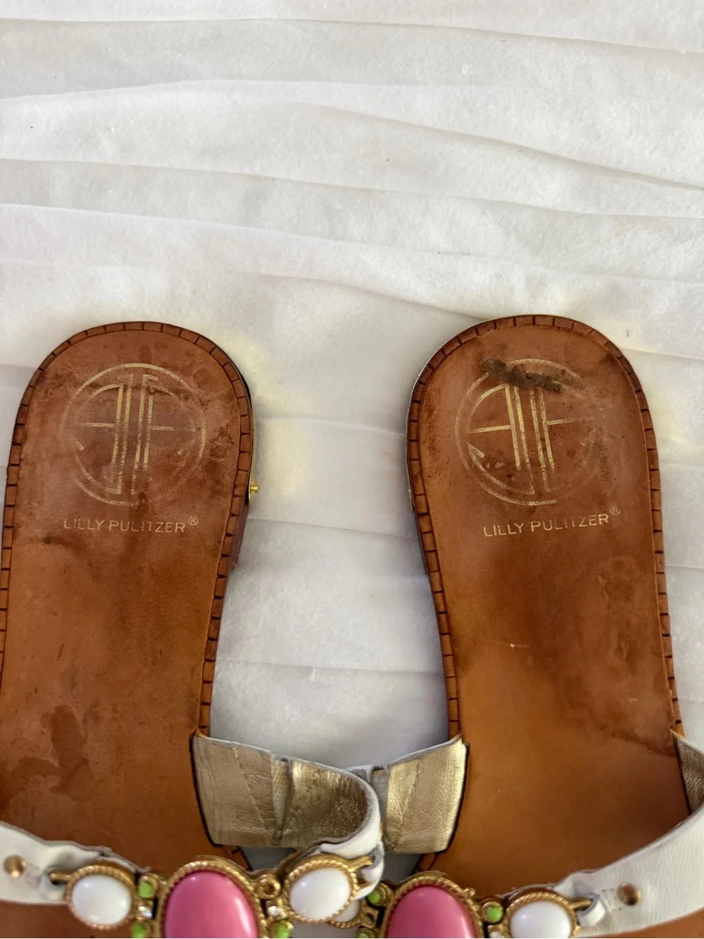 Lilly Pulitzer White Leather Sandals with Pink and Lime Gemstones